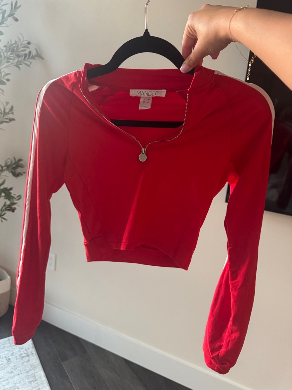 mandee Red Cropped Zip-Front Long Sleeve Top with Stripe Detail